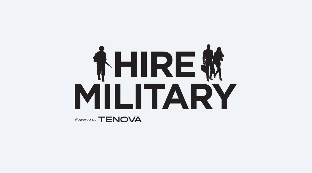 Les mots « Hire Military » (« Nous recrutons les militaires ») sont visibles en gras, avec une silhouette de soldat sur la gauche et deux silhouettes d’hommes d’affaires sur la droite. Les mots « Powered by Tenova » sont inscrits en dessous en plus petit.