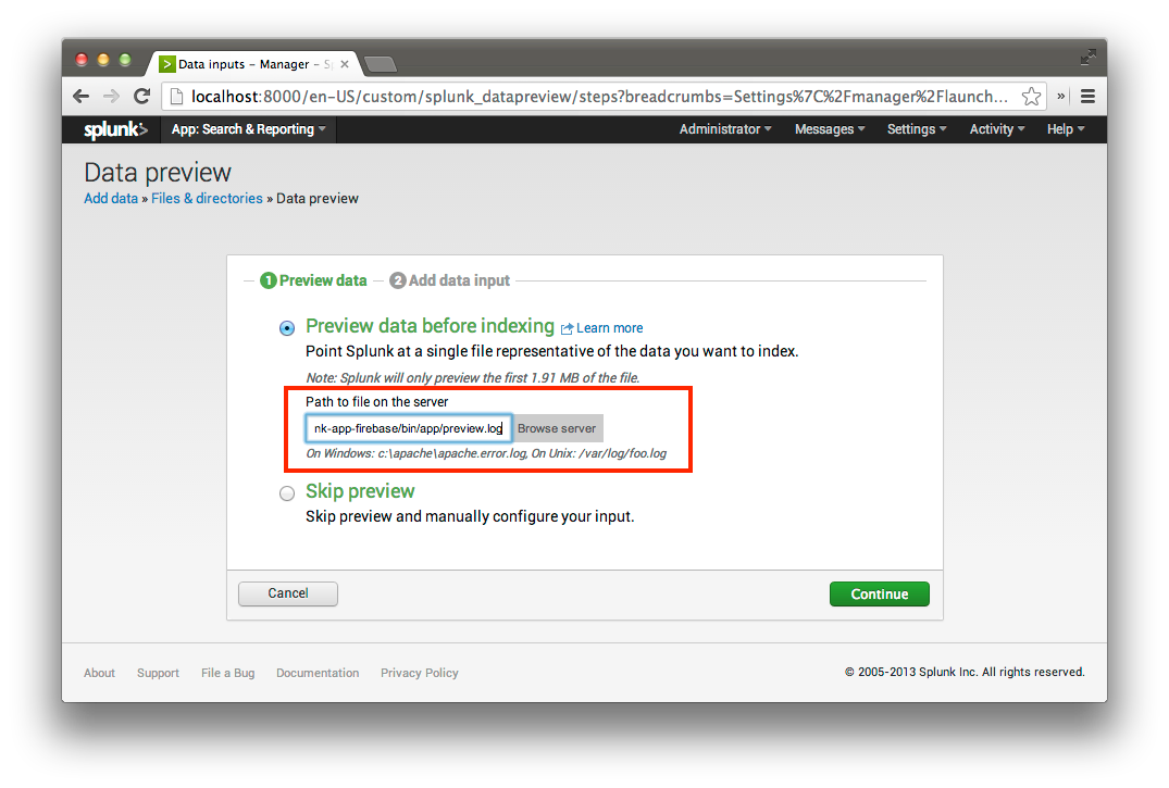 Specify file for preview