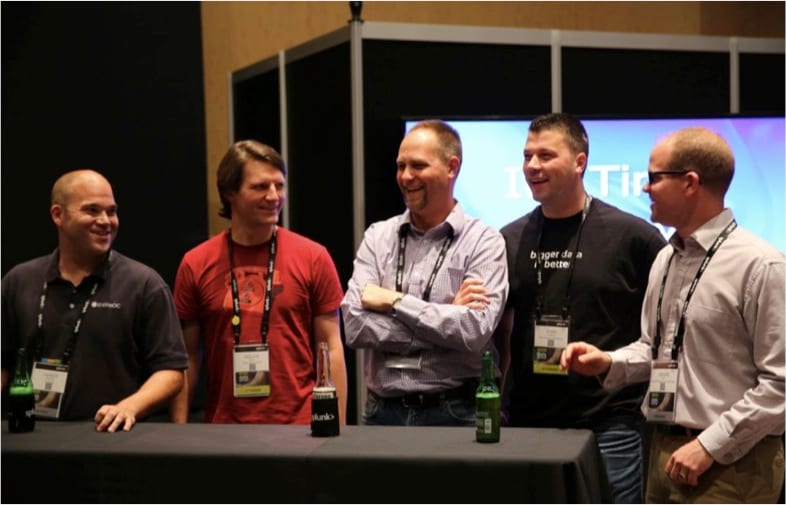 Splunk Revolution Award winners Jim Nichols, principal engineer at Enernoc, Helge Klein, consultant and developer at Helge Klein GmBH, Mark Runals, security analyst at The Ohio State University, Josh Diakun, vice president of technology at Discovered Intelligence and Adam Ind, analyst at Royal Flying Doctor Service find themselves teamed up on the Splunk Family Feud at .conf2014. That was fun!