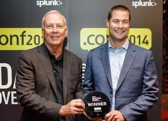 Godfrey Sullivan, Chairman and CEO, Splunk Inc. (L) congratulates Mikael Bjerkeland, Sr. consultant at Datametrix AS on his Revolution Award