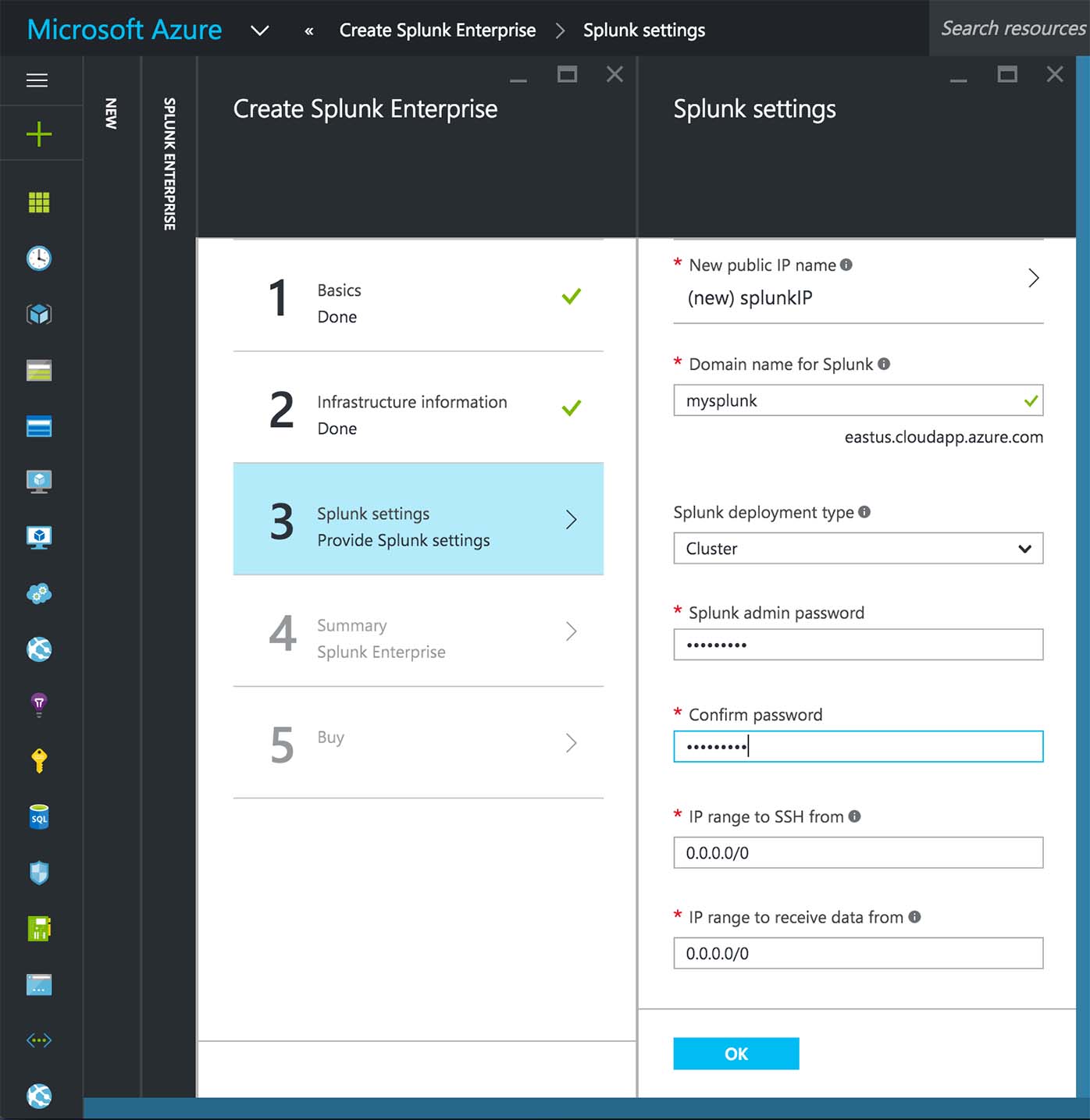Microsoft Azure Splunk Enterprise settings