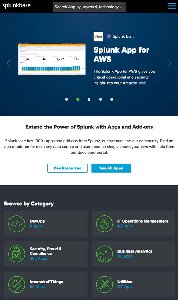 Splunkbase mobile responsive homepage