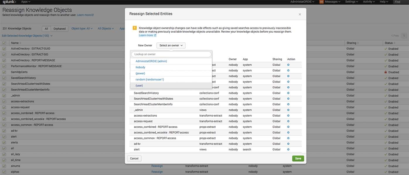 Splunk reassign knowledge objects