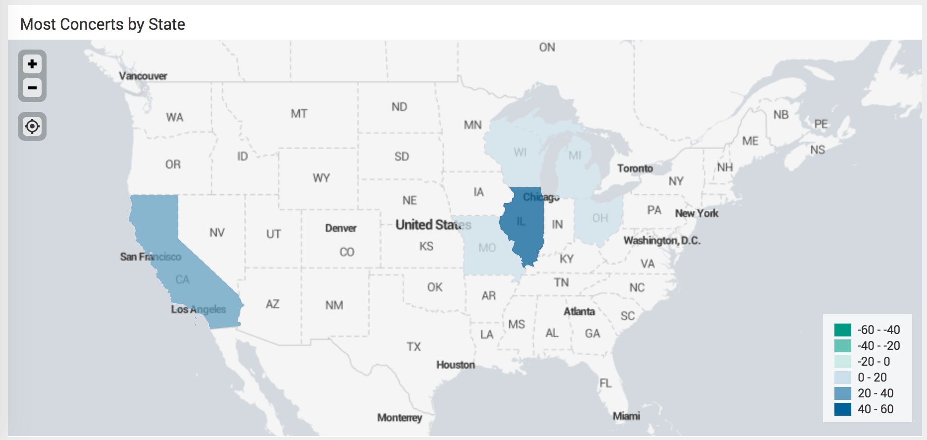 This screen capture shows a map of the United States with darker states of California, Illinois, Michigan, Wisconsin, Ohio, and Missouri to indicate states that I've attended shows in. Illinois is the darkest, followed by California and Michigan.