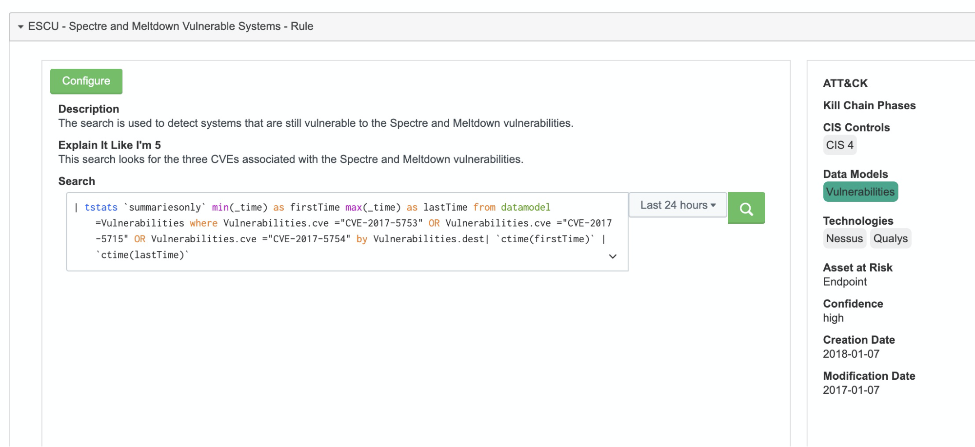 ESCU - Spectre and Meltdown Vulnerable Systems