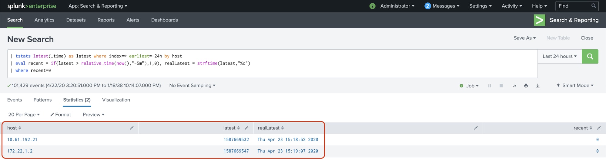 過去5分間に新しいイベントを送信しなかったホストを表示しているSplunk画面