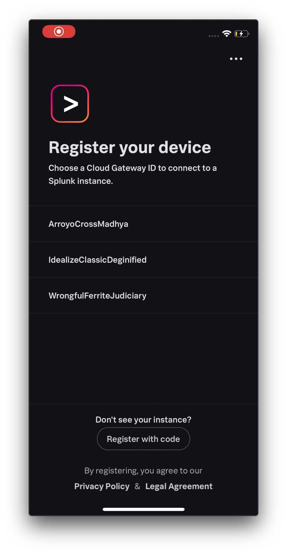 Splunk Mobile Register Device