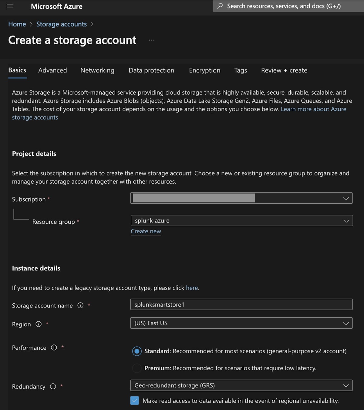 Creating a Microsoft Azure Storage Account