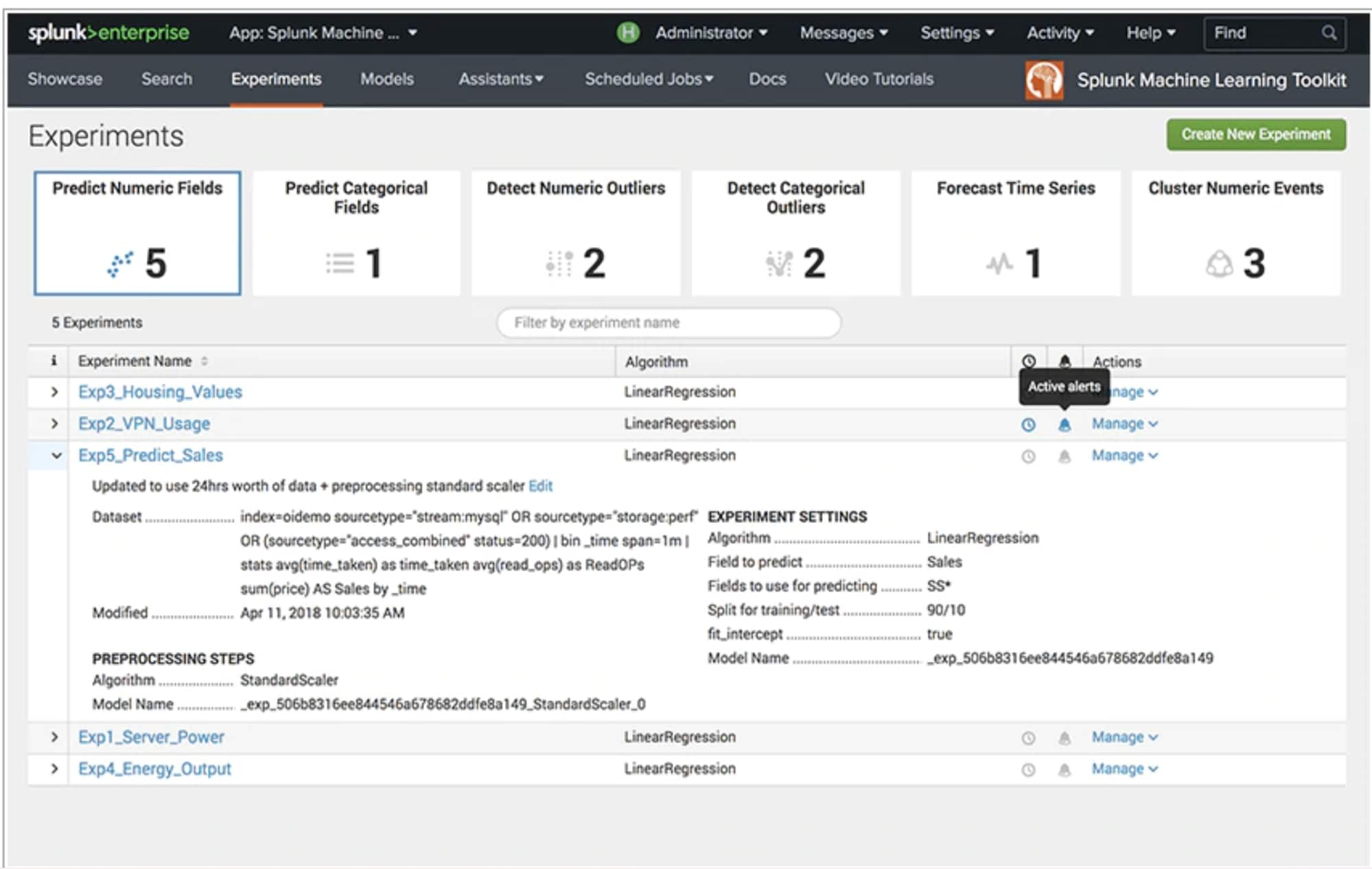 Splunk Machine Learning ToolkitのExperiments画面