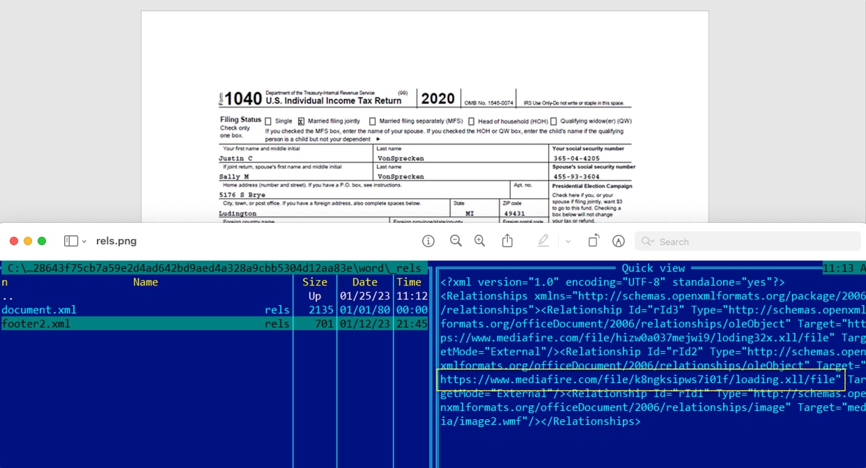 悪質なOffice文書のスクリーンショットと、footer2.xml relsプロパティの悪用方法