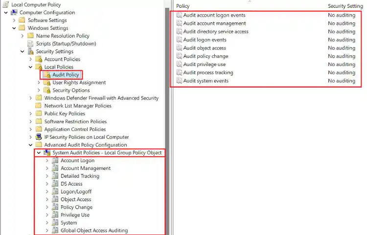 Windows監査ポリシーの設定ページ