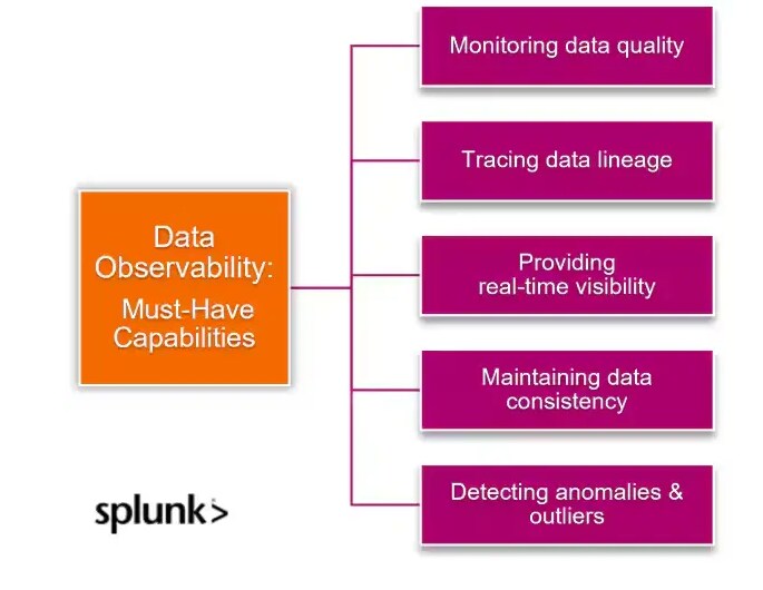 A diagram outlining the five must-have capabilities for data observability, including monitoring, lineage, visibility, consistency, and anomaly detection.