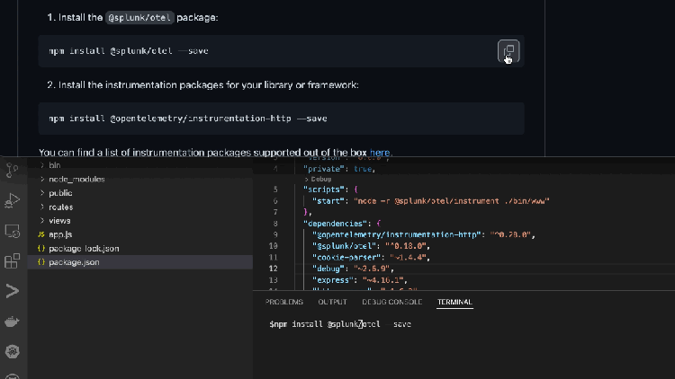 テレメトリをローカルのOpenTelemetry Collector経由でSplunk Observability Cloudに送信する設定の例