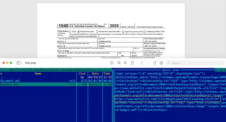 悪質なOffice文書のスクリーンショットと、footer2.xml relsプロパティの悪用方法