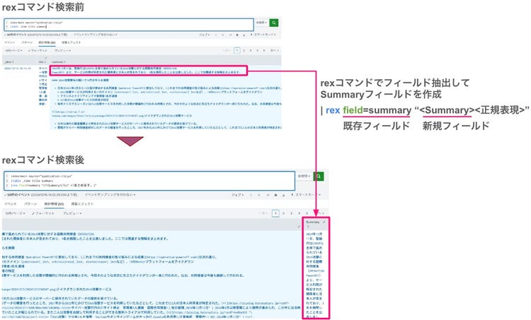 上記パネルで使用しているrexコマンドの検索前後の結果