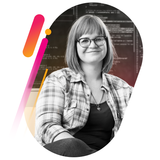 woman with glasses smiling