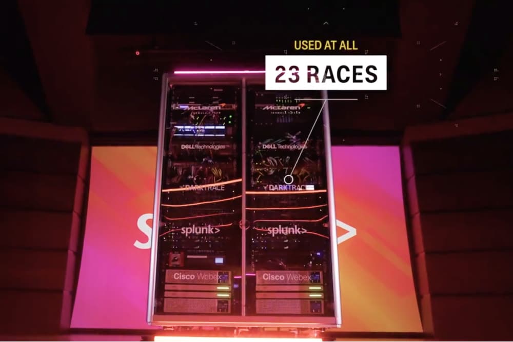 A rectangular data bank full of circuitry that Splunk designed for Formula One racing, shown below the text “used at all 23 races.”