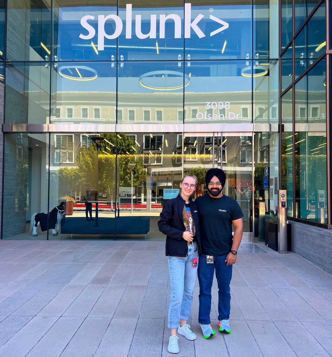 Two Splunkterns stand together outside our San Jose office.