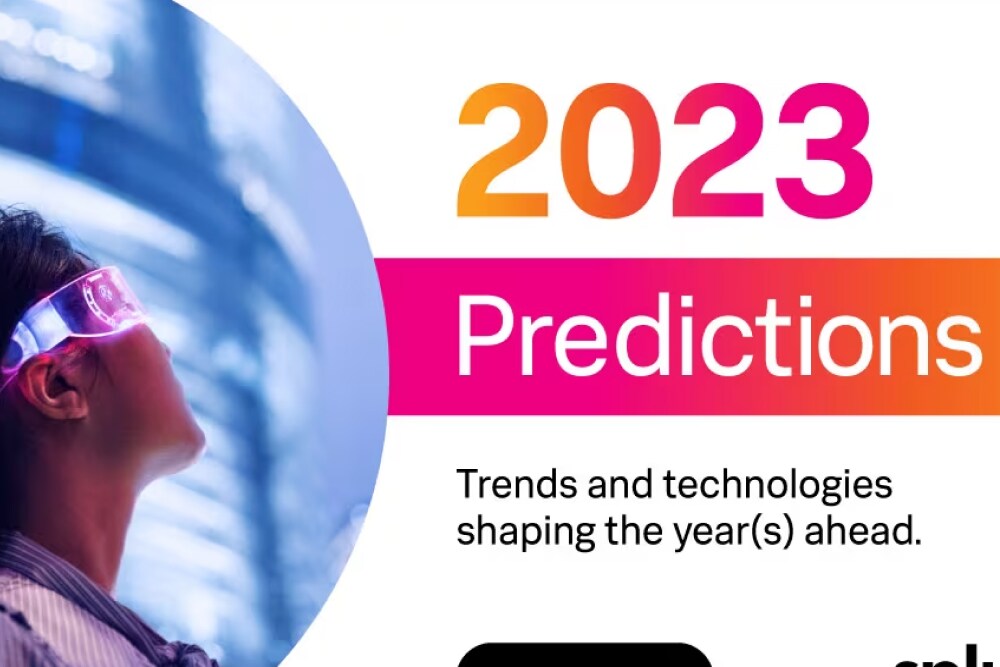 A graphic with the text “2023 Predictions. Trends and technologies shaping the year(s) ahead” and inviting viewers to get the report.