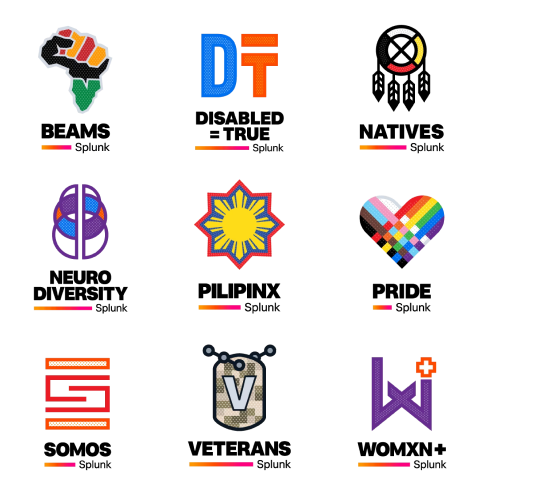  The logos of our nine Employee Resource Groups, including Black Employees Achieve More at Splunk (BEAMS), Disabled=True, Natives, Neurodiversity, Pilipinx, Pride, Somos, Veterans, and Womxn +.