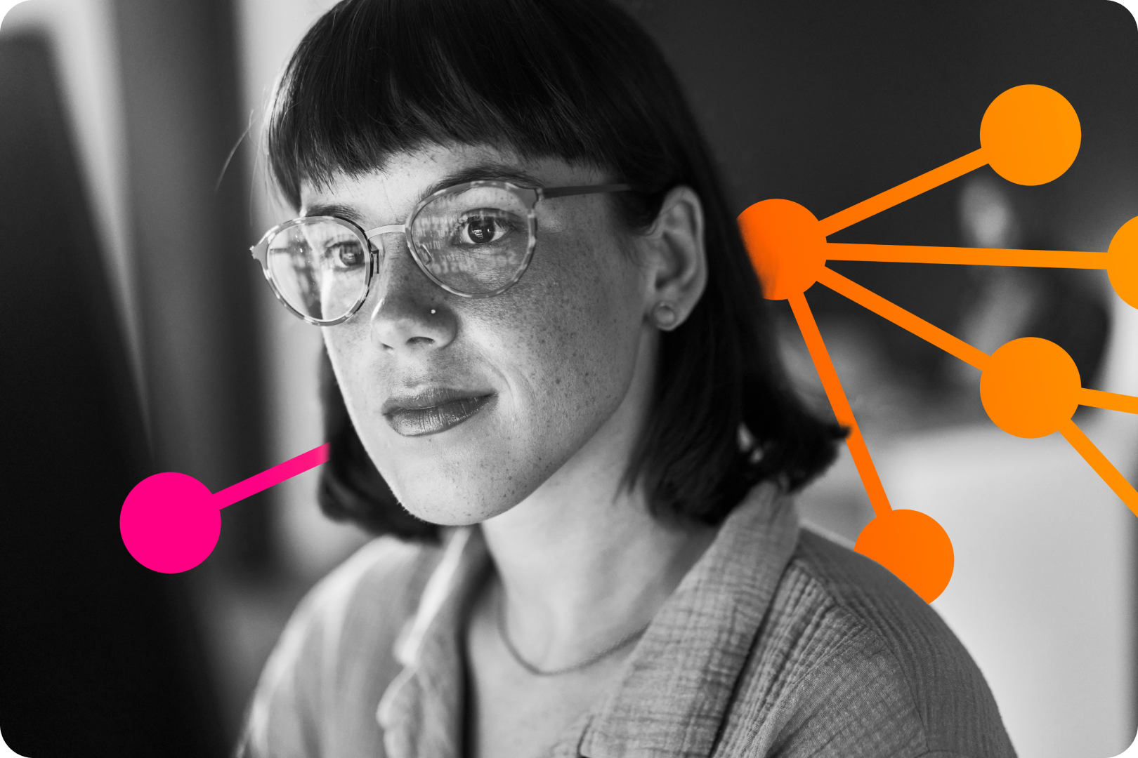 woman with glasses looks into the distance, behind her are pink and orange dots connected by lines