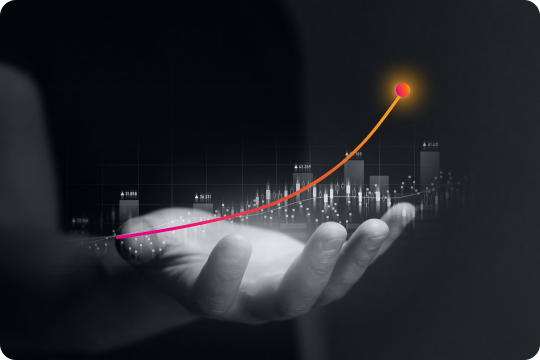 A hand hovers over palm up while a bar graph arises from the palm with a gradient trend line. 