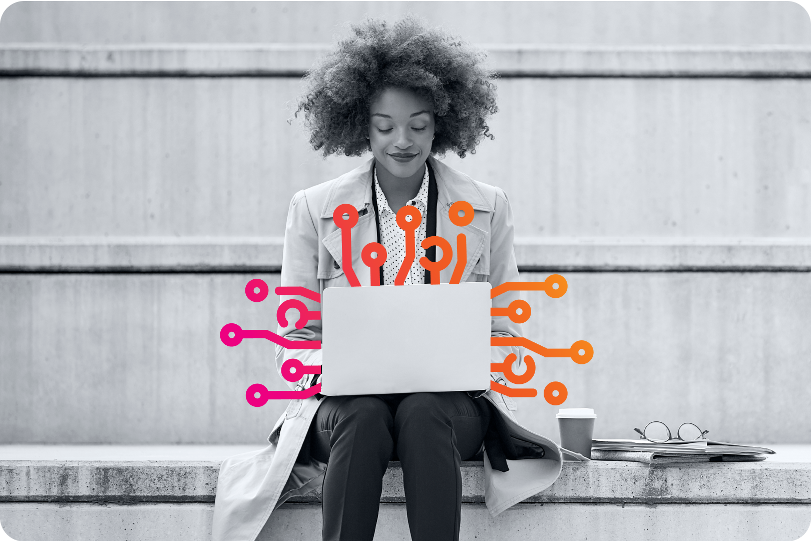 A women on a bench uses a laptop perched on her lap. 