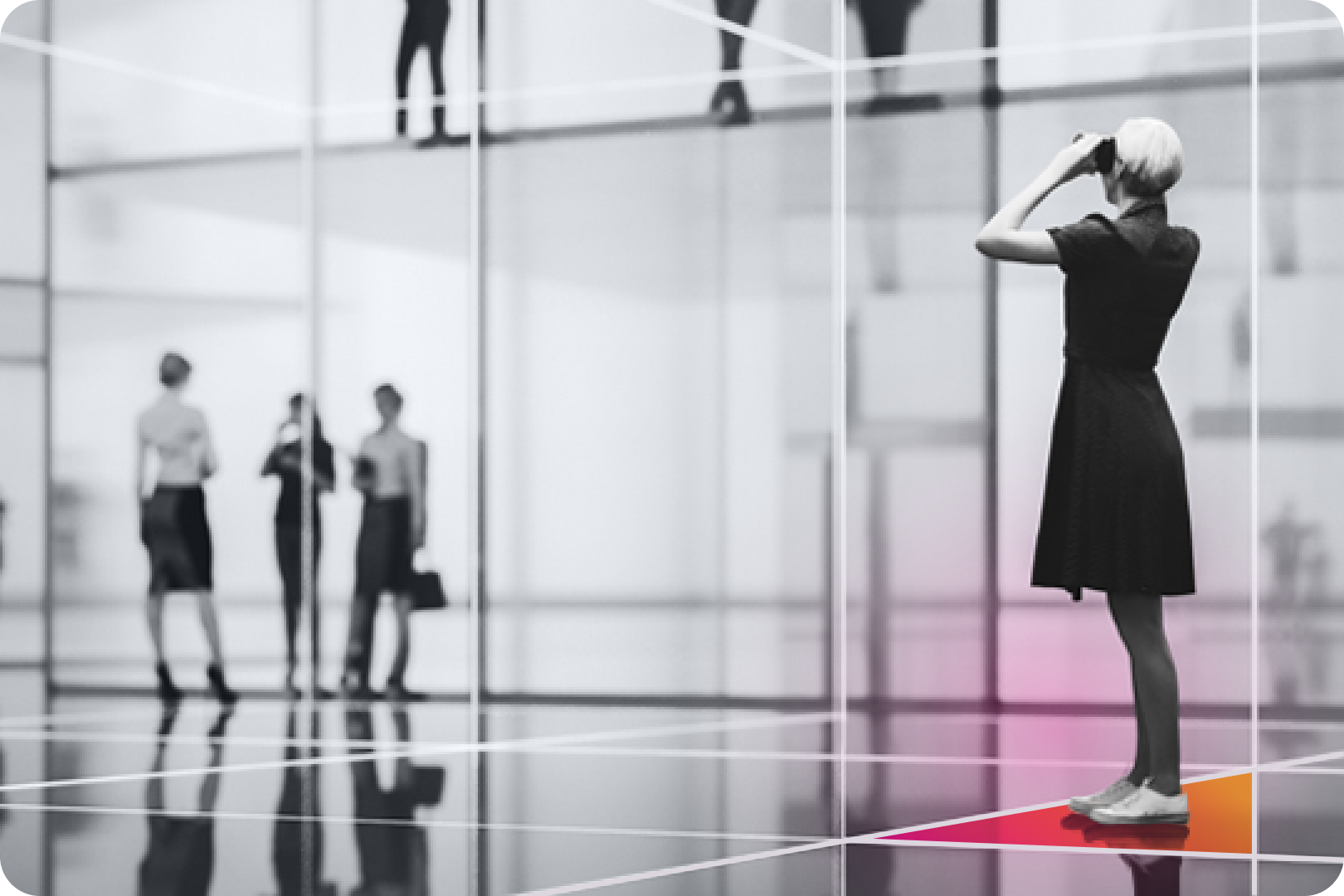 A women in a black dress, taking a photo inside a glass room. 