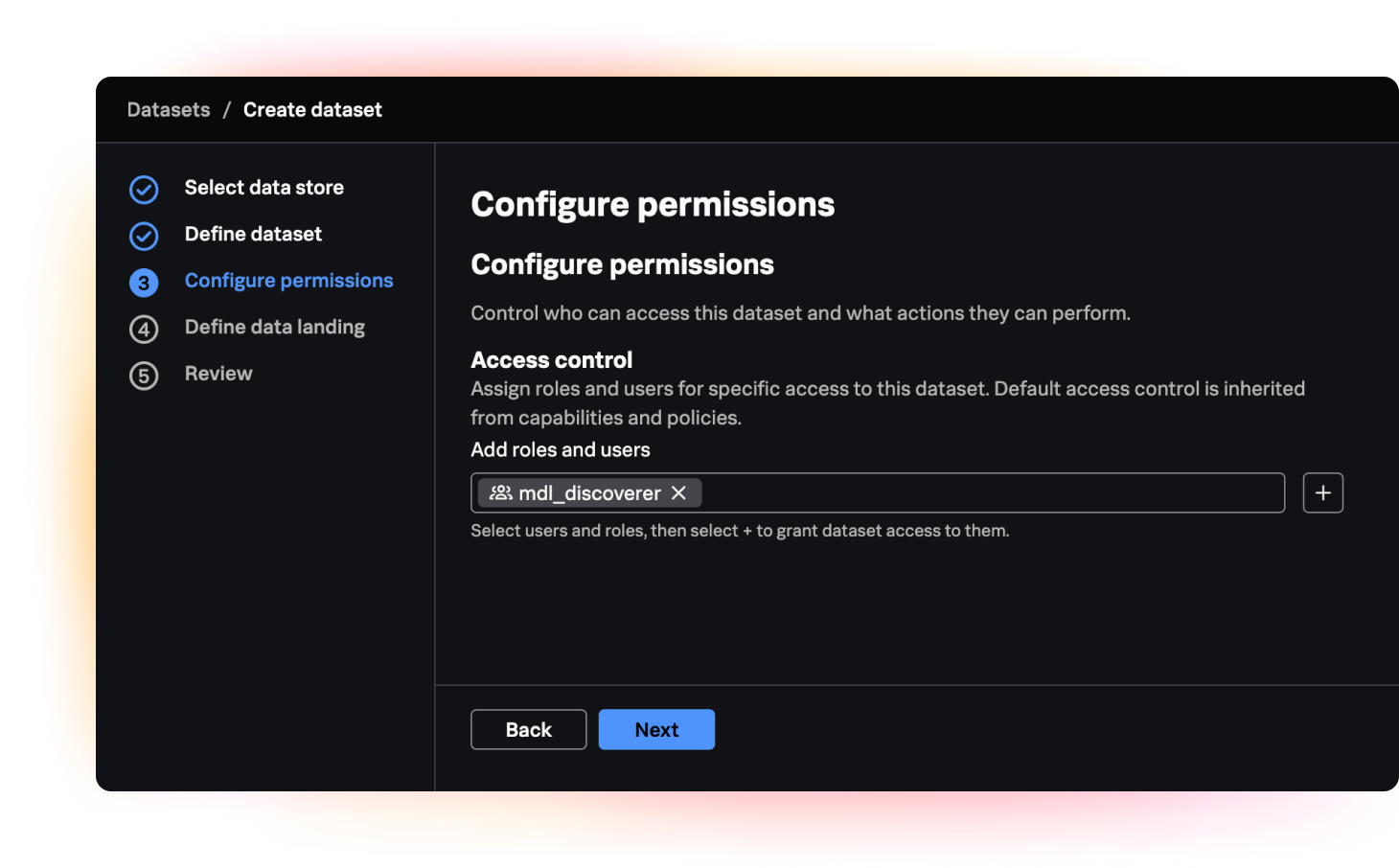 A user interface screen titled 'Configure permissions' within a multi-step 'Create dataset' workflow. A navigation sidebar on the left displays five steps, with 'Configure permissions' highlighted as the current third step. The main content area provides instructions for assigning roles and users to the dataset, showing an input field where the role 'mdl_discoverer' is currently selected, along with 'Back' and 'Next' navigation buttons at the bottom.