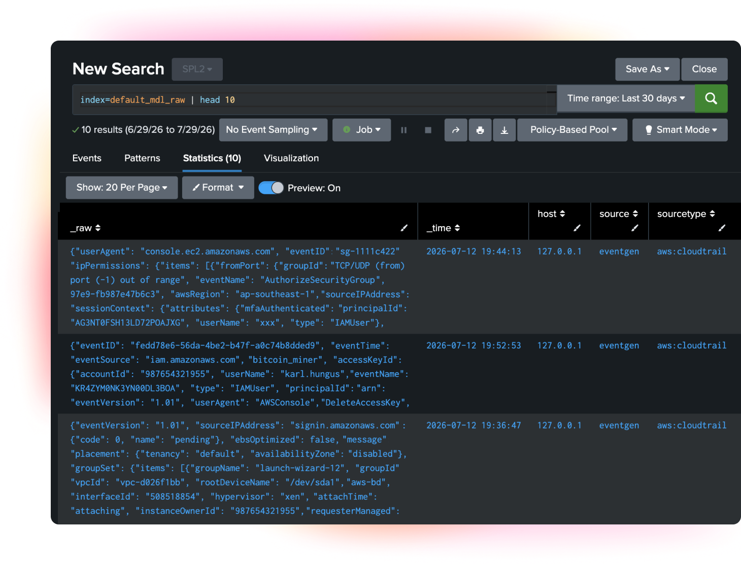 A user interface screen showing a Splunk 'New Search' results page. The top search bar contains the query 'index=default_mdl_raw | head 10' with a time range set to 'Last 30 days'. Below, the 'Statistics' tab is active, displaying a table with 10 results. The table columns are '_raw', '_time', 'host', 'source', and 'sourcetype', with the '_raw' column showing detailed JSON-formatted logs from 'aws:cloudtrail'.