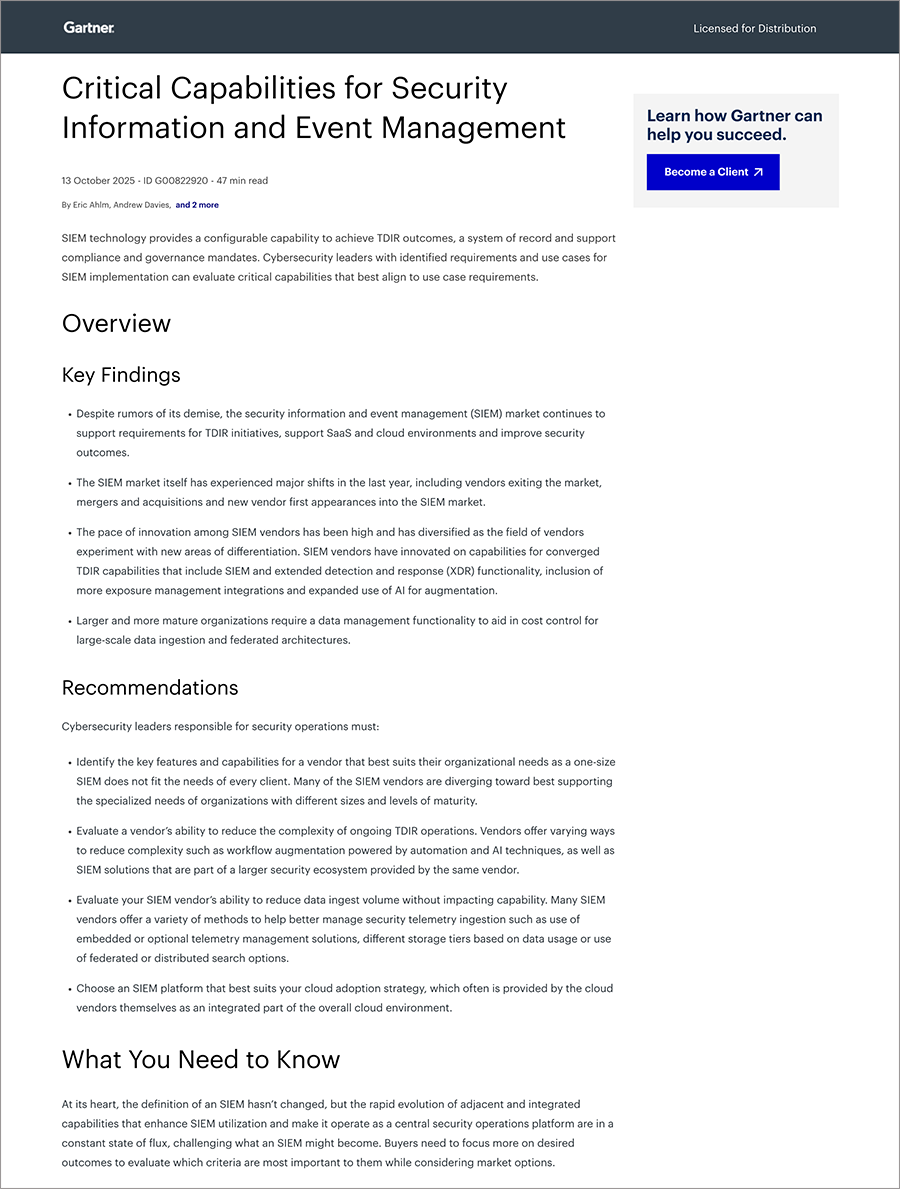 Gartner SIEM 关键能力报告