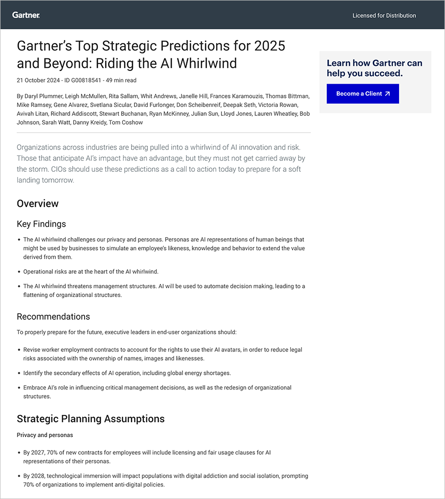 Gartner’s Top Strategic Predictions for 2025 and Beyond : Riding the AI Whirlwind