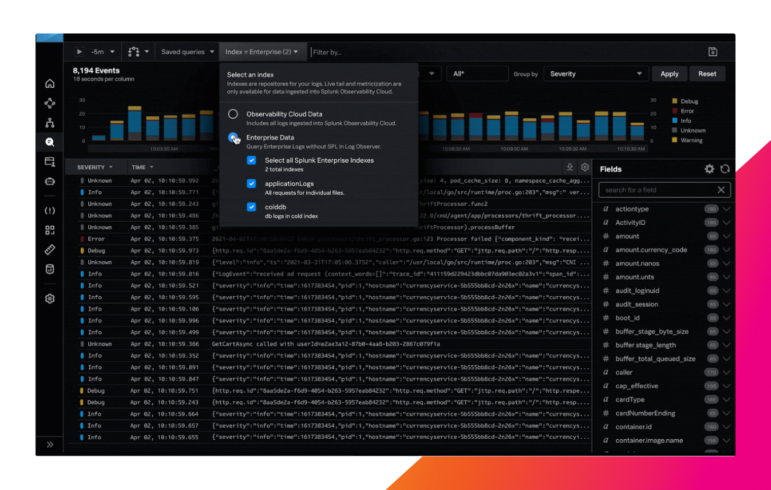 Sélection des index dans Log Observer Connect