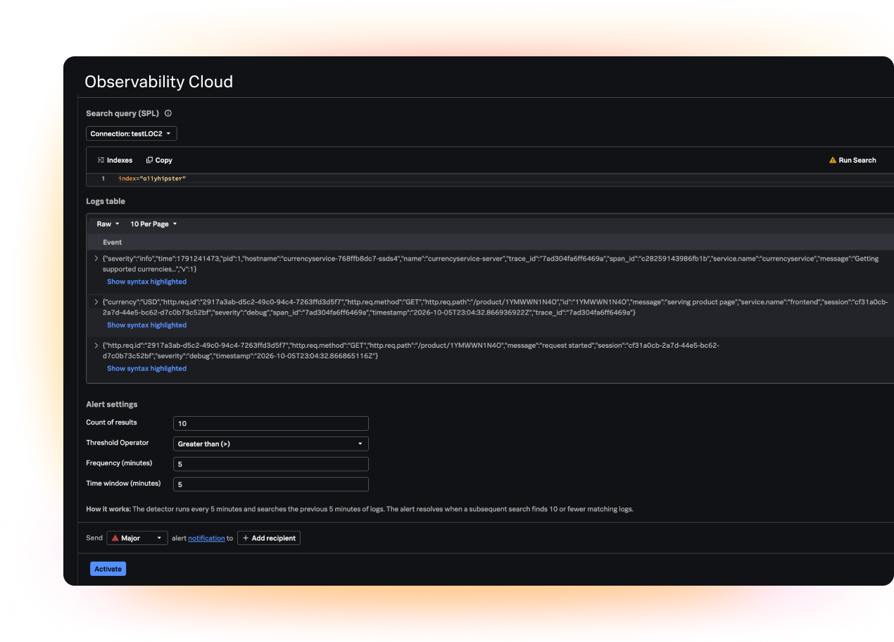 Log-based alert creation with AI-assisted SPL and correlated observability context