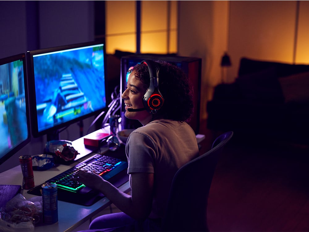 person on desk on a computer