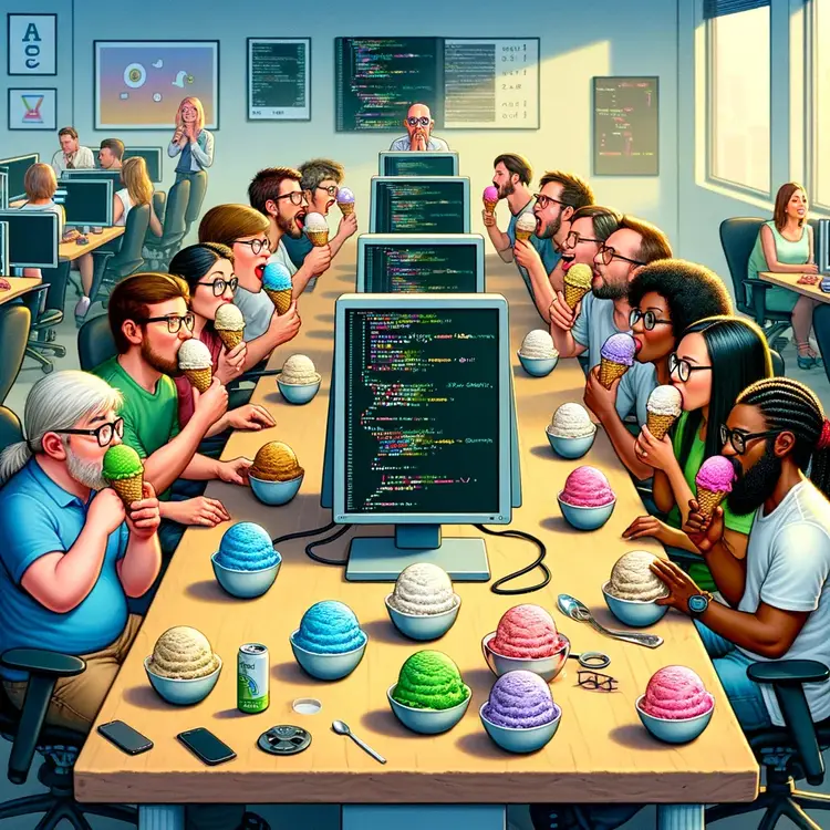 A cartoon image of people at a conference table eating ice cream