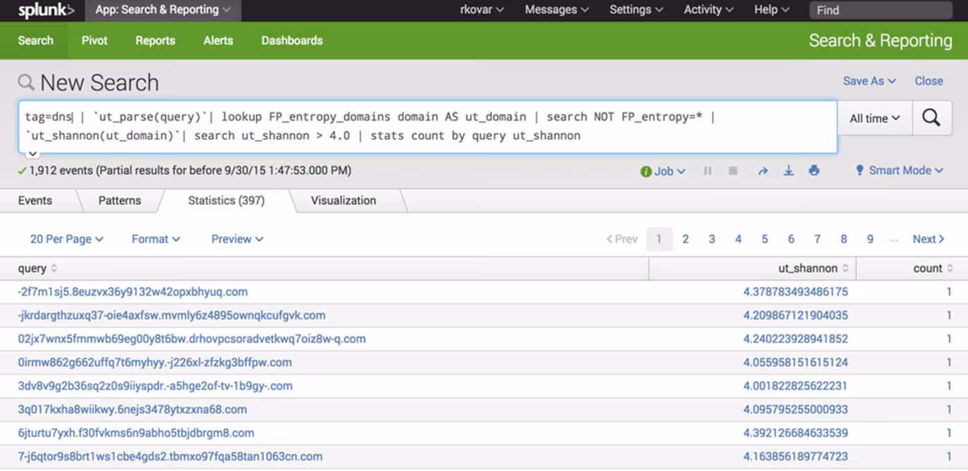 Splunk search domains high entropy